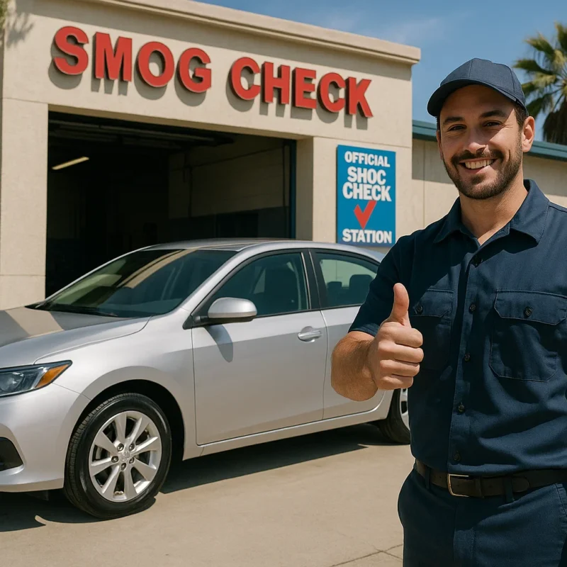 A clean car parked outside a smog check station in California on a sunny day, with a mechanic in uniform giving a thumbs-up.