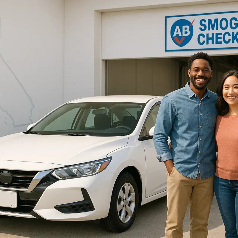A new, clean, modern-looking car (representing an out-of-state vehicle) with a diverse couple smiling as they stand by it, subtly hinting at a move or new beginning in California.