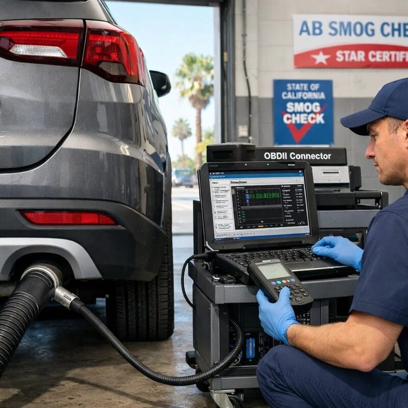 professional smog check station with a certified technician performing an emissions test on a modern car, showing the tailpipe and OBD diagnostic equipment,