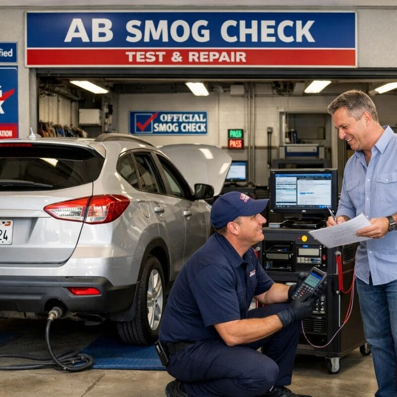 A professional AB Smog Check station in California during the day, showing a certified technician performing a full smog inspection on a modern car. The technician is connecting OBD diagnostic tools, inspecting the tailpipe, and checking emission systems. A friendly interaction with the customer is visible, with the customer reviewing paperwork nearby. T