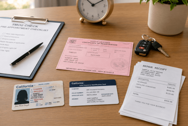 A clean, organized desk or table showing the documents needed for a smog check neatly arranged—vehicle registration (pink slip), driver's license, insurance card, and repair receipts—with a pen and clipboard nearby.