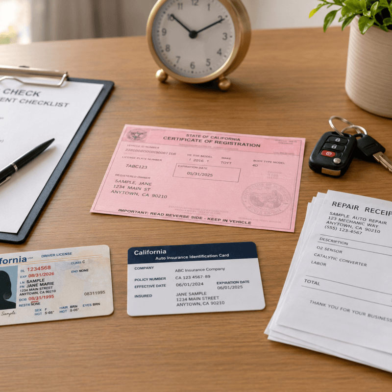 A clean, organized desk or table showing the documents needed for a smog check neatly arranged—vehicle registration (pink slip), driver's license, insurance card, and repair receipts—with a pen and clipboard nearby.