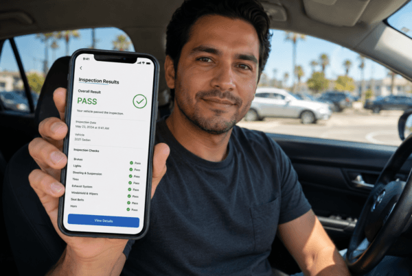 Person sitting in a parked car in a sunny California parking lot holding a smartphone showing passed vehicle inspection results, with a modern car interior in the background.