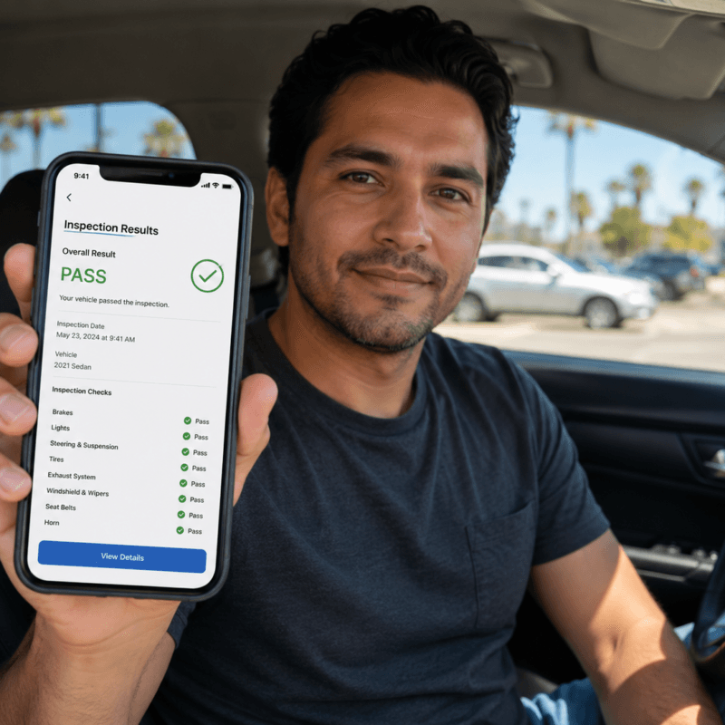 Person sitting in a parked car in a sunny California parking lot holding a smartphone showing passed vehicle inspection results, with a modern car interior in the background.