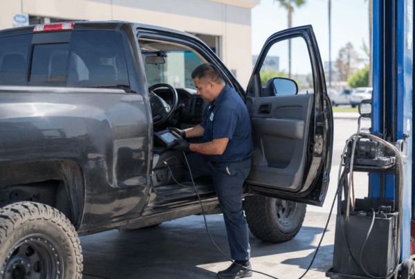 Technician in a blue uniform connecting a diagnostic scanner to a diesel pickup truck at a smog check station in Southern California on a sunny day.