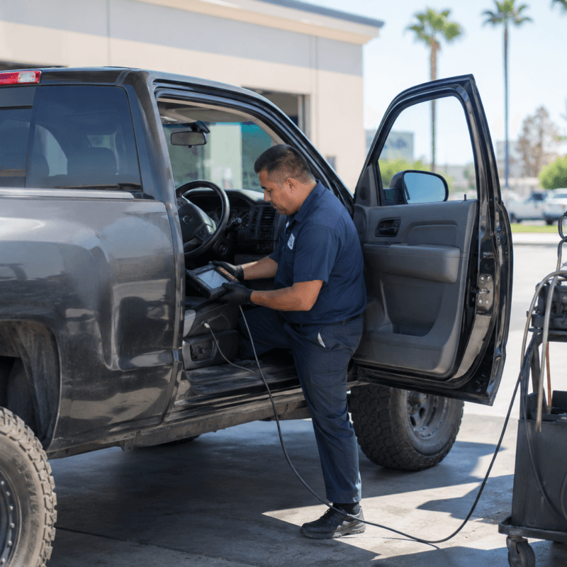 Technician in a blue uniform connecting a diagnostic scanner to a diesel pickup truck at a smog check station in Southern California on a sunny day.