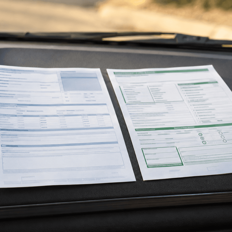 California vehicle registration renewal notice and smog inspection report arranged on a sunlit car dashboard.
